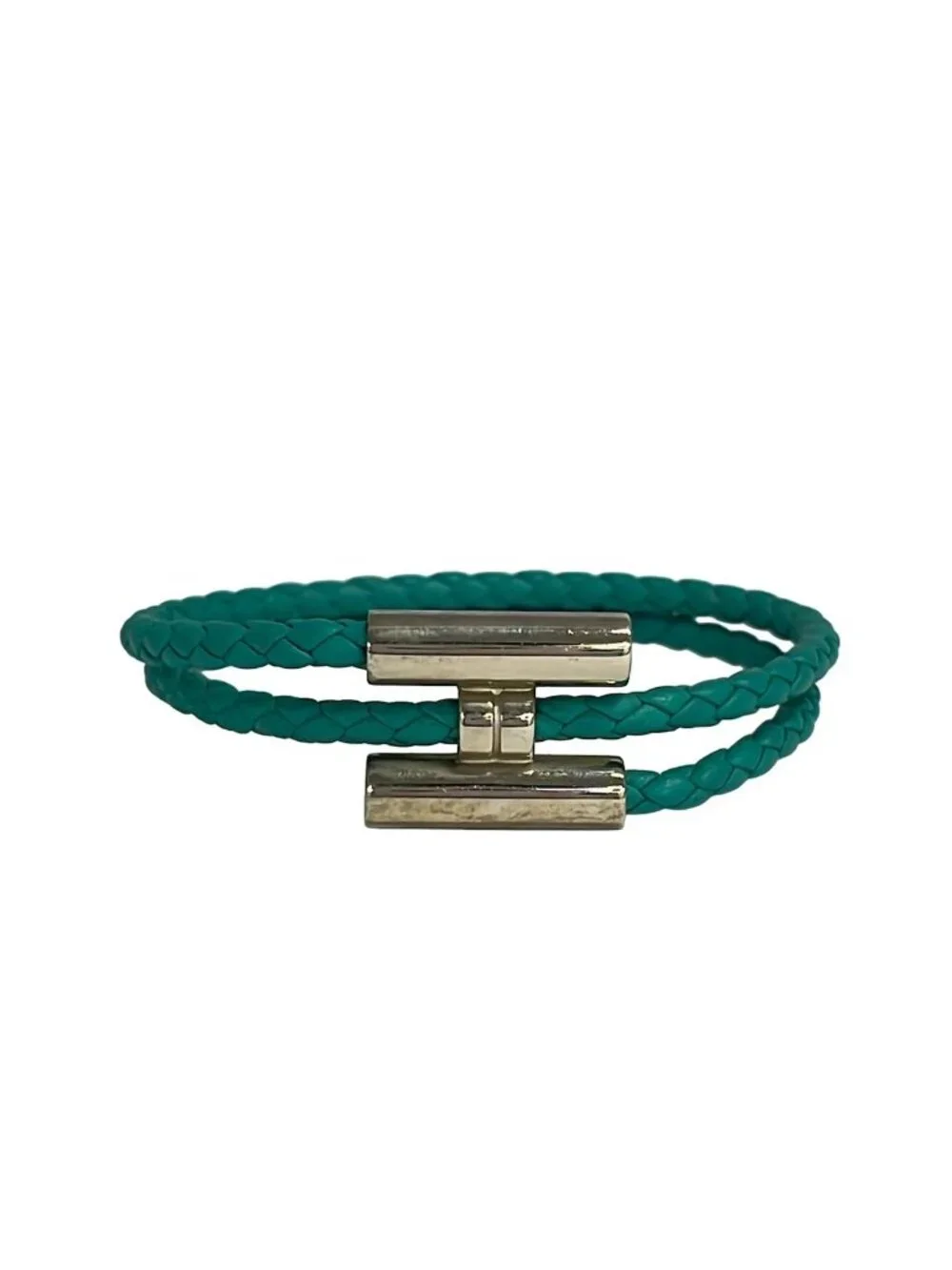 Hermes Bangle Tournis Leather Blue Silver Braid Bracelet